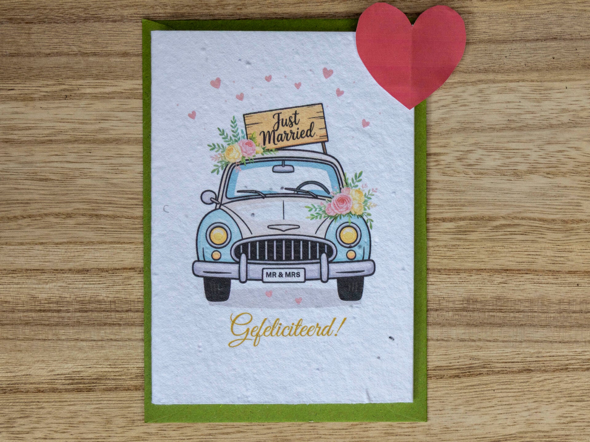 Wenskaart van bloeipapier - Huwelijk met auto