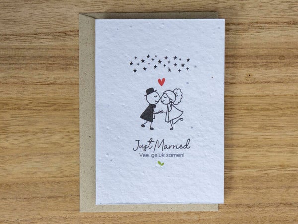 Wenskaart van bloeipapier – Just Married, veel geluk samen!