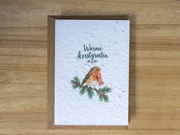 Wenskaart van bloeipapier - Warme kerstgroeten van het roodborstje