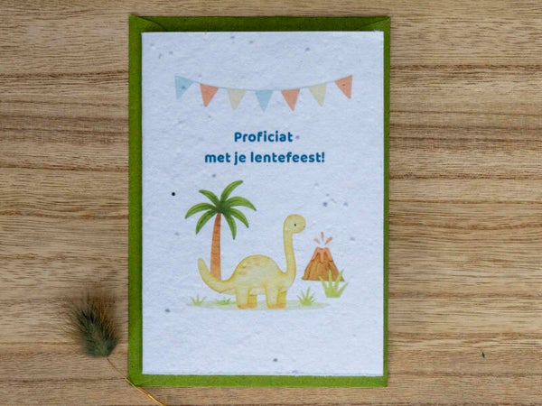 Wenskaart van bloeipapier - Proficiat met je lentefeest (dino) 🦖