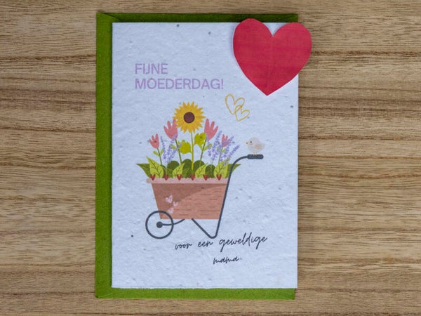Wenskaart van bloeipapier - Fijne Moederdag (kruiwagen) 🌼