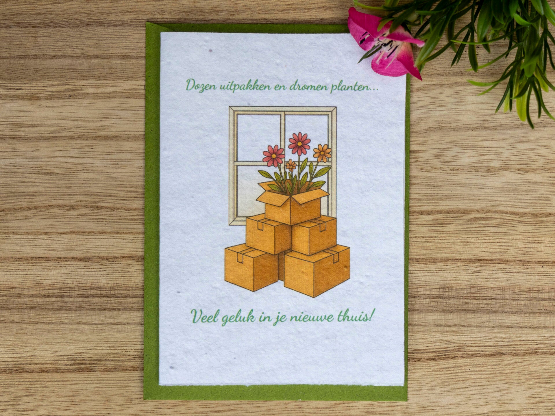 Wenskaart van bloeipapier - Nieuwe woning met verhuisdozen