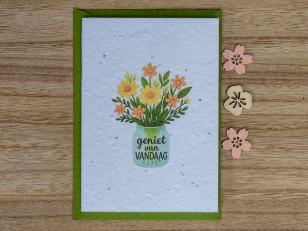 Wenskaart van bloeipapier - Verjaardag (bloemen vaas) 🌼