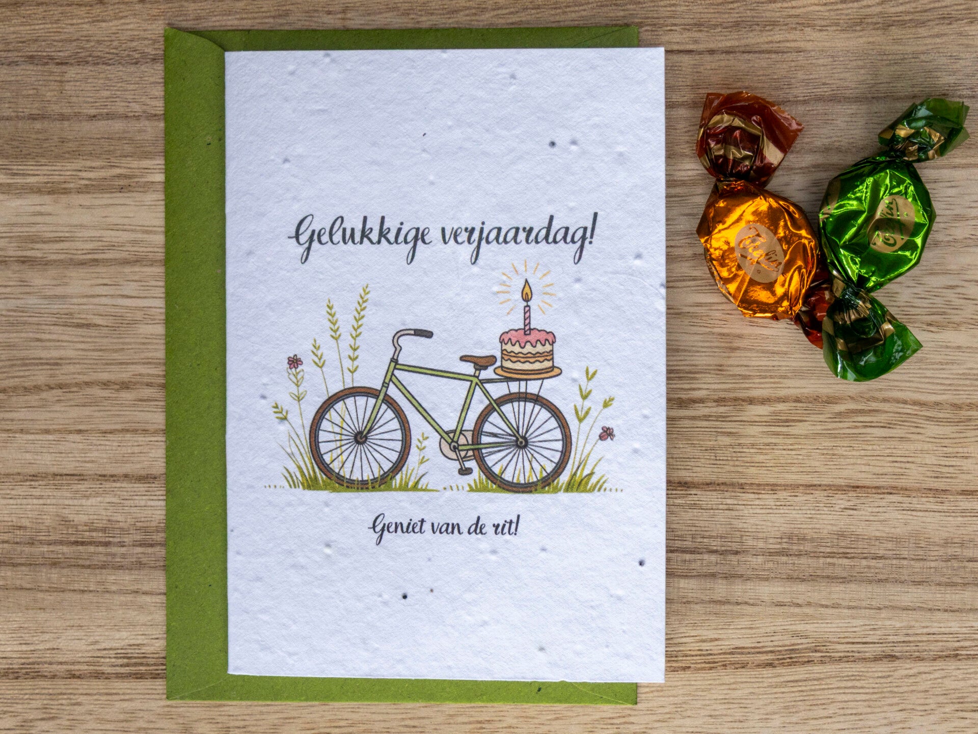 Wenskaart van bloeipapier - Verjaardag man met fiets