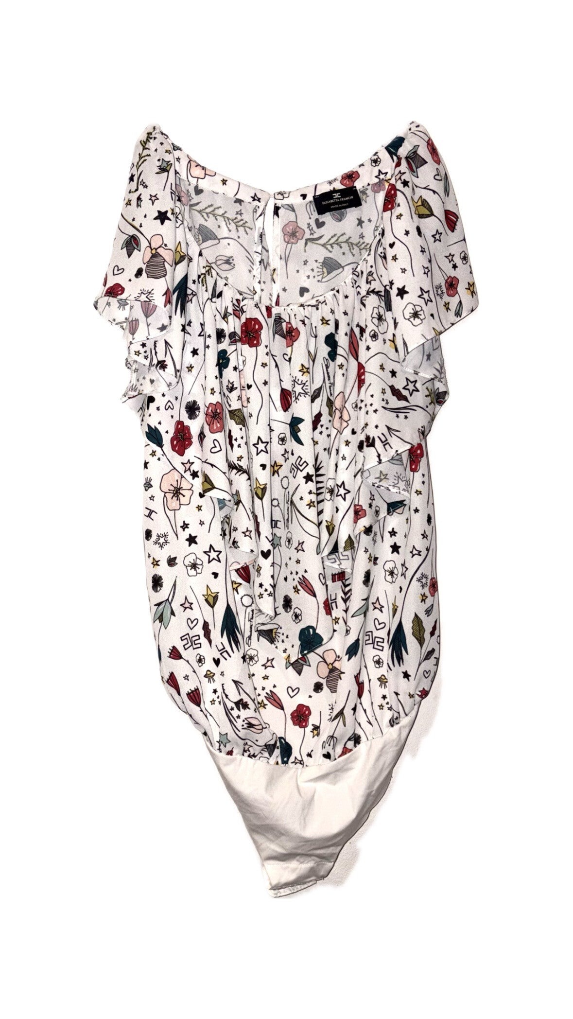 ELISABETTA FRANCHI | Body Blusa con Rouches Fantasia Floreale e Simboli Grafici | M
