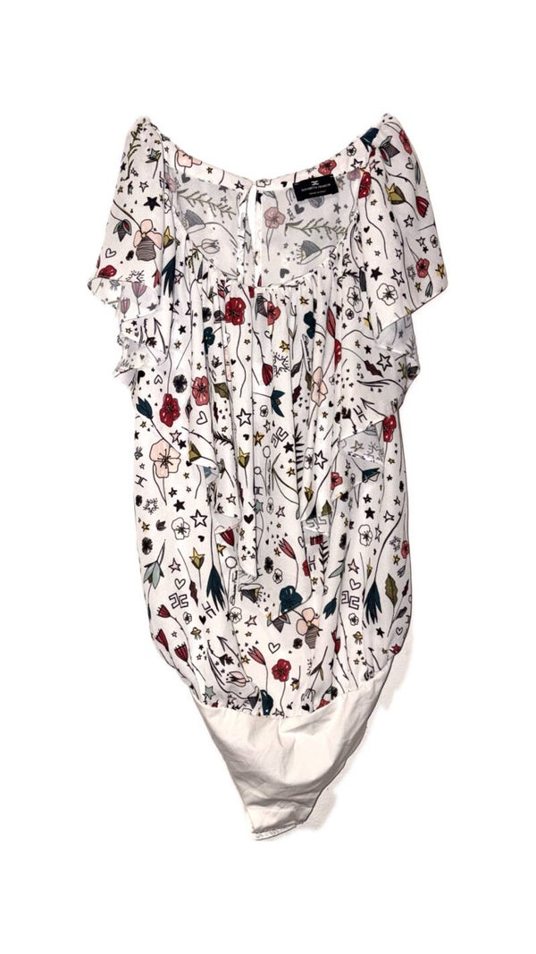 ELISABETTA FRANCHI | Body Blusa con Rouches Fantasia Floreale e Simboli Grafici | M