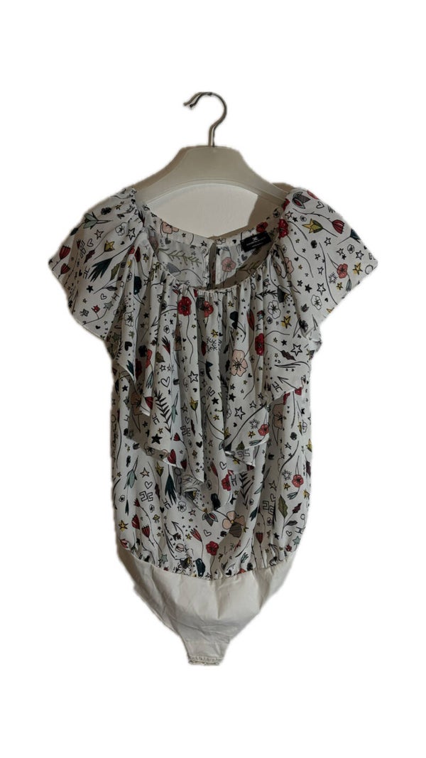 ELISABETTA FRANCHI | Body Blusa con Rouches Fantasia Floreale e Simboli Grafici | M