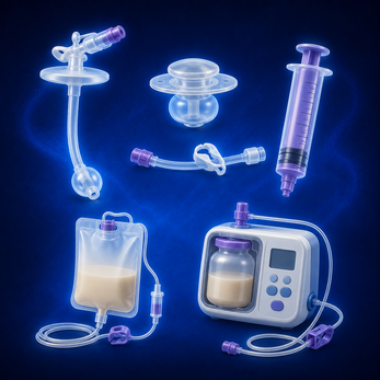 Illustration showing examples of equipment used for PEG feeding