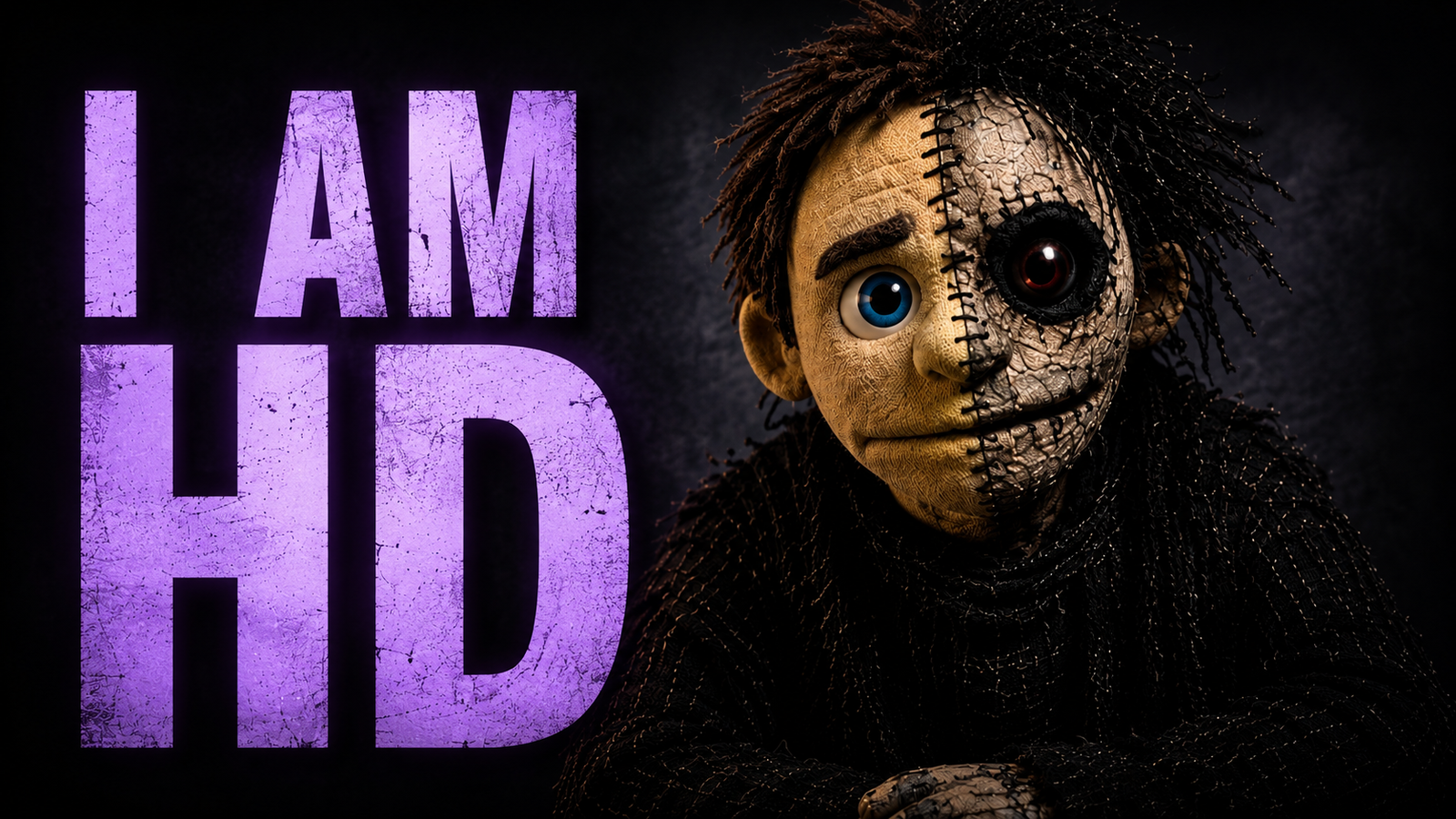 I Am HD concept character, with one human side and one dark stitched side
