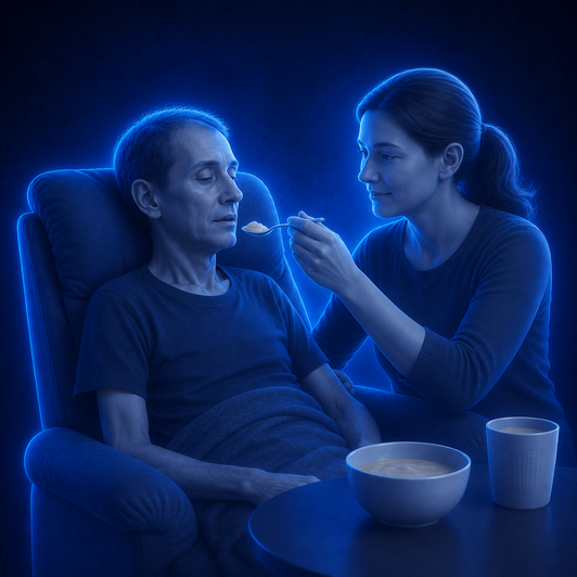 Illustration of a family carer helping a frail person eat by mouth