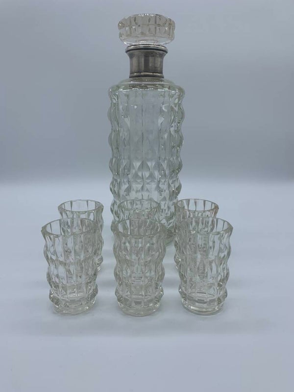 Art deco Whiskey karaf Italia 1930/40 met zilveren (800) rand en 6 glaasjes