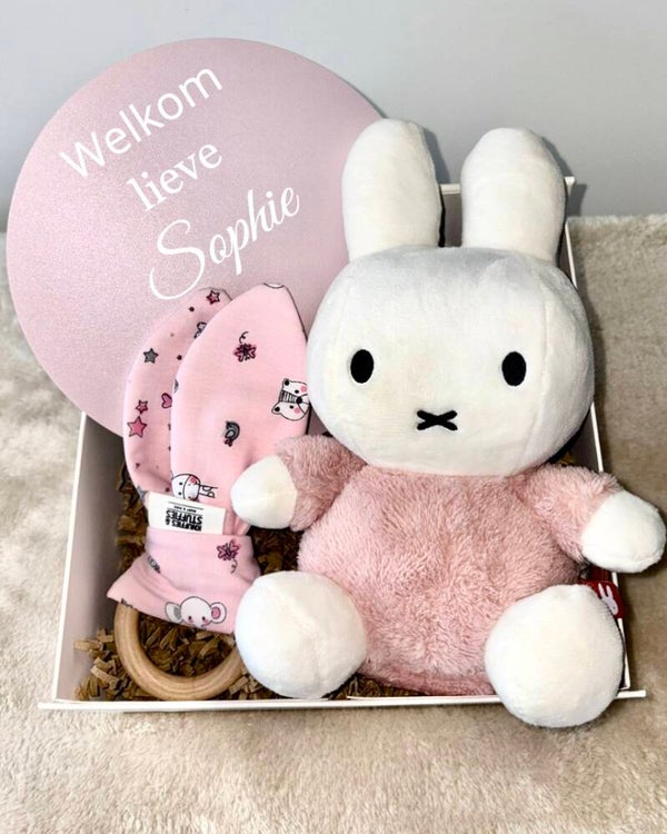 Geschenkset | Welkom Sophie | Nijntje Knuffel Pink | Bijtring Hout /Stof