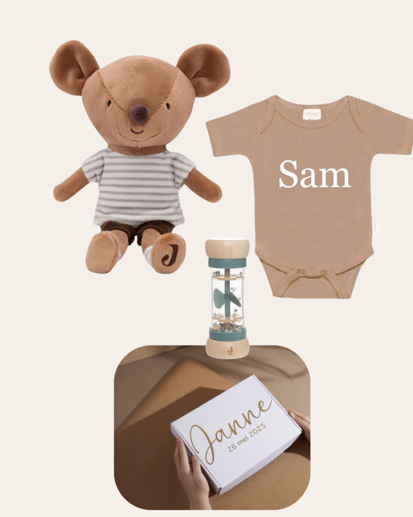 Geschenkset | Knuffel Muis Sam | Rompertje | Regenboog Rammelaar