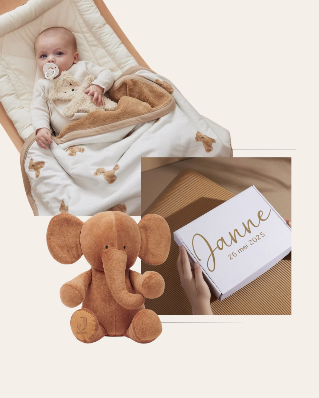 Geschenkset | Wiegdeken Teddy Bear | Olifant Knuffel | Caramel
