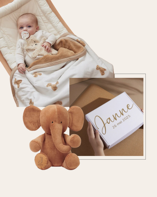 Geschenkset | Wiegdeken Teddy Bear | Olifant Knuffel | Caramel
