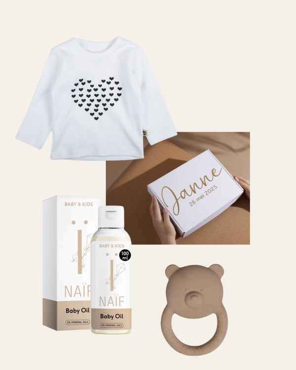 Geschenkset | T-shirt Wooden Buttons | Hartjes | Naif Babyolie | Bijtring Beer