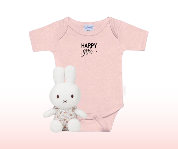 Geschenkset | Rompertje Happy Girl |  Nijntje knuffel 25 cm. | Retro Flowers