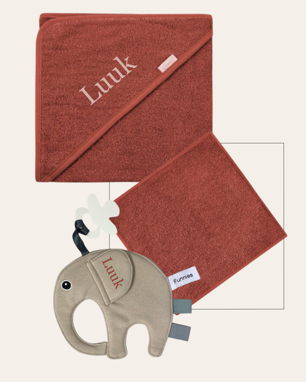 Geschenkset | Luuk | Funnies Speendoekje Ollie | Spuugdoekje | Badcape