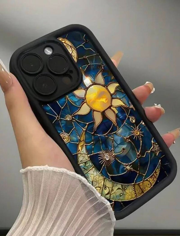 Coque Protectrice Anti-Chute Iphone Style Artiste Étoile Lune Soleil Nouveau Modèle 16 Pro Max 15 14 13 pro en  ptu noir