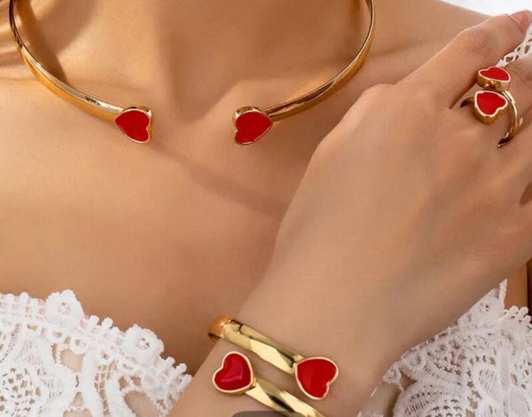 Parure, bracelet et bague rouge