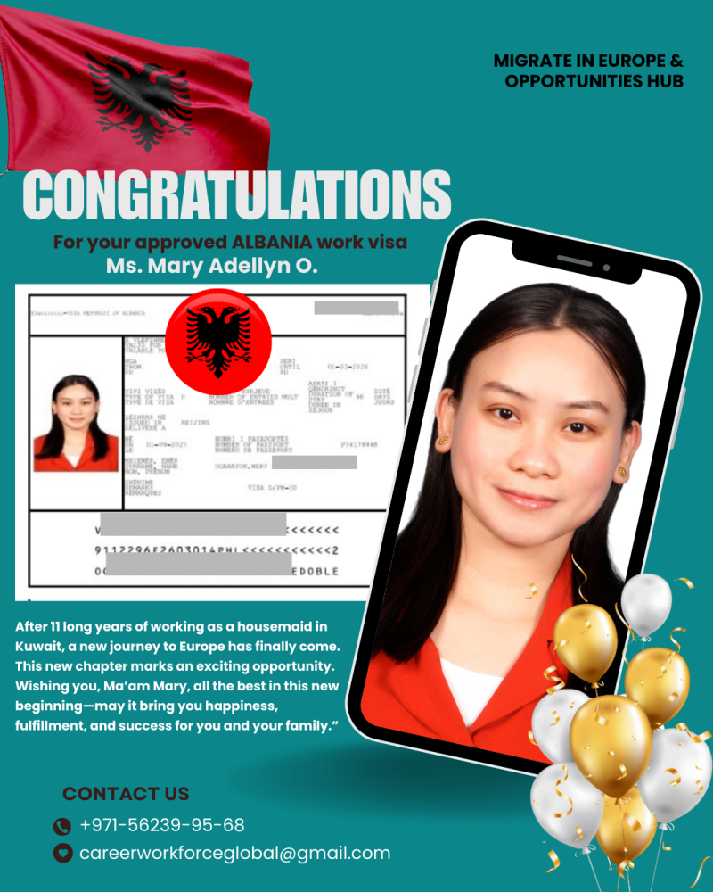 Congratulation Ms Adelyn for your approved visa in ALBANIA 