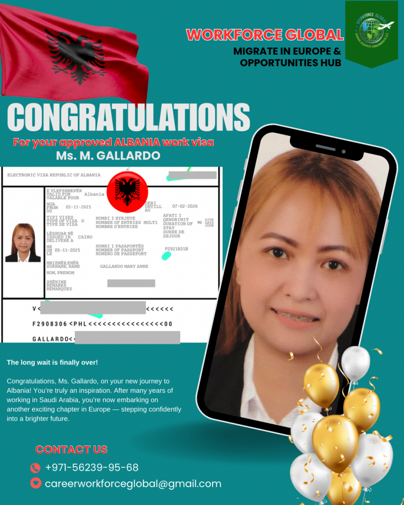 Congratulation Ms. Mary for your work visa approval in Albania 