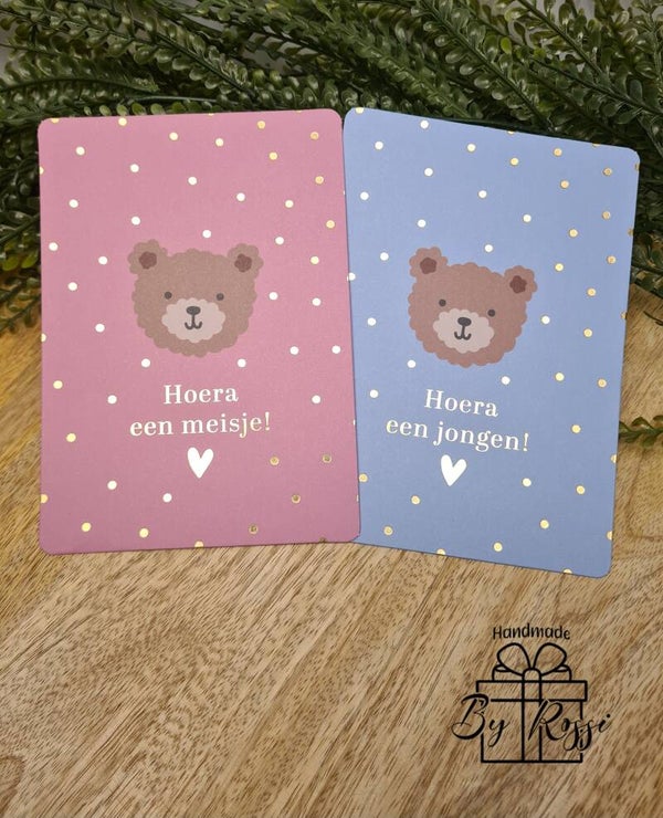 Geboorte wenskaart A6 met beertje | Hoera een meisje / jongen