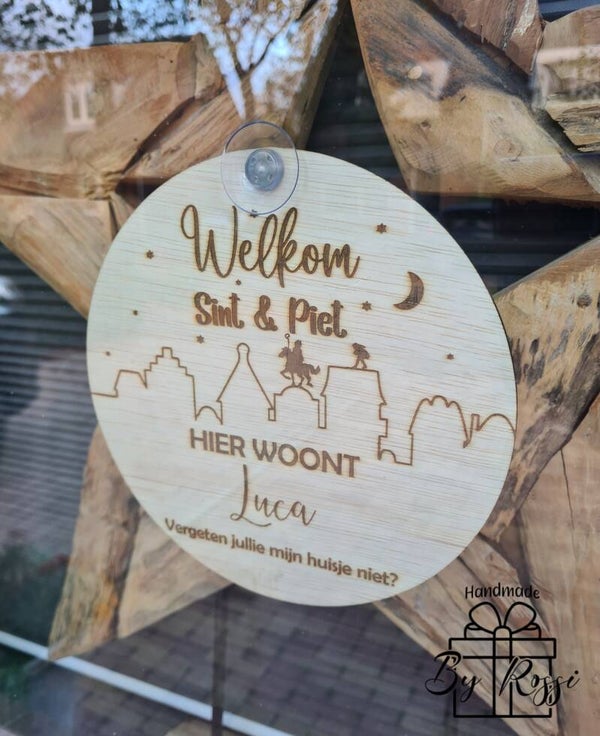 Welkom Sint & Piet – gepersonaliseerde houten raamcirkel