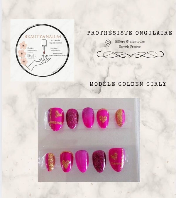 Modèle Press On Nail faits main 🌟 Golden Girly –