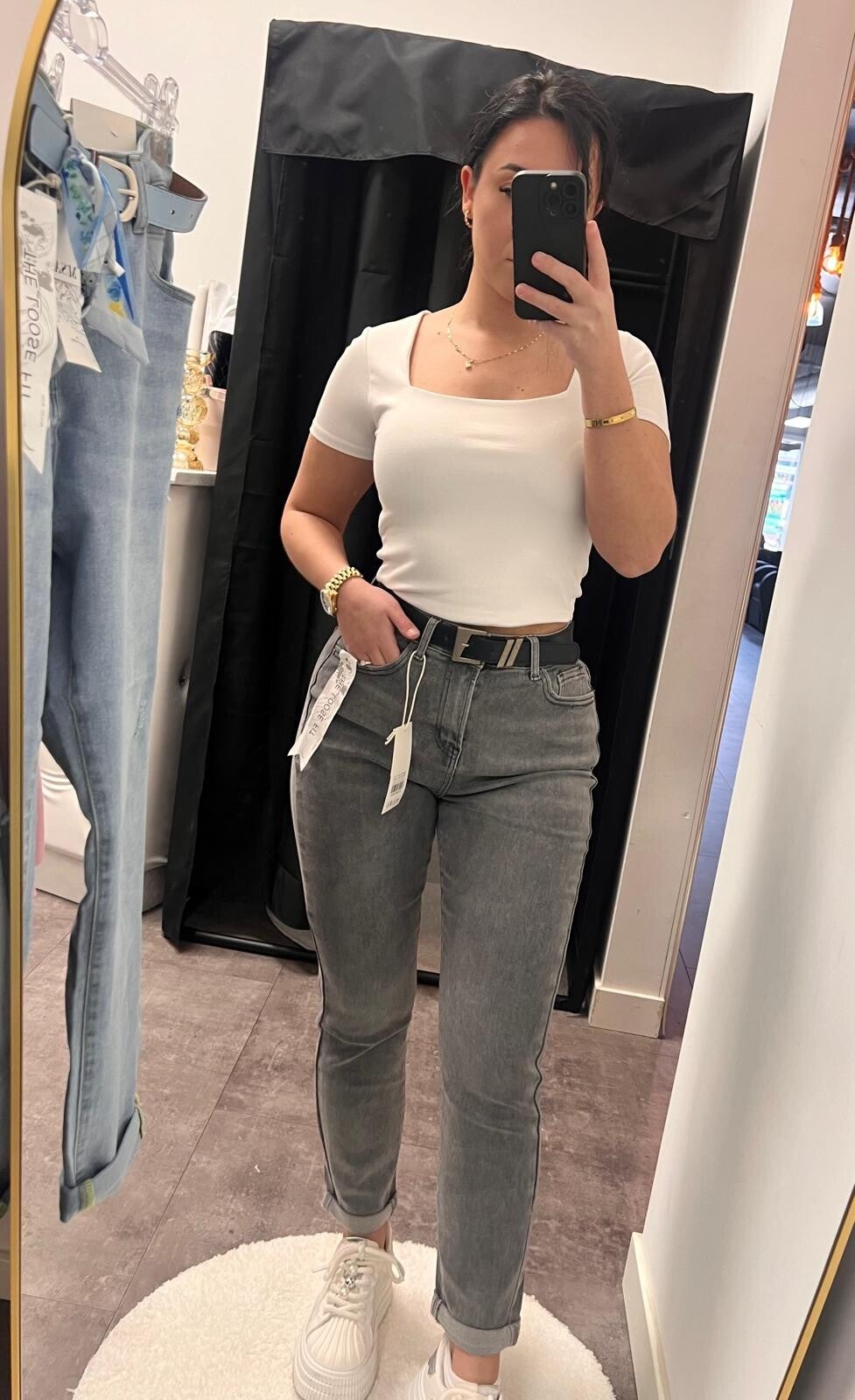 STRETCH JEANS GRIJS - RIEM