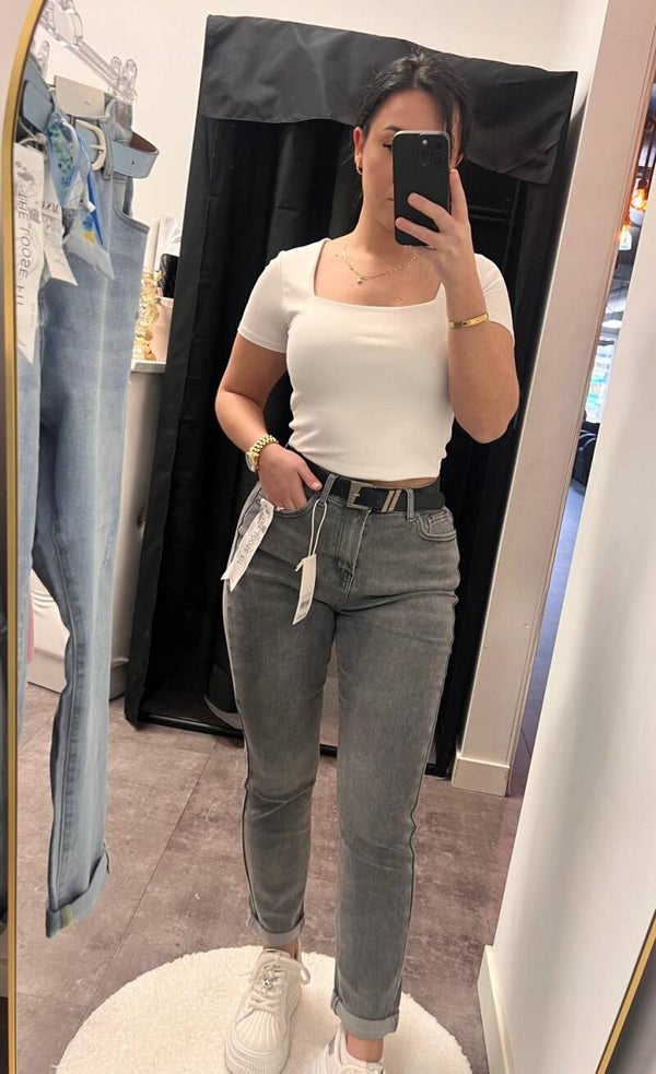 STRETCH JEANS GRIJS - RIEM