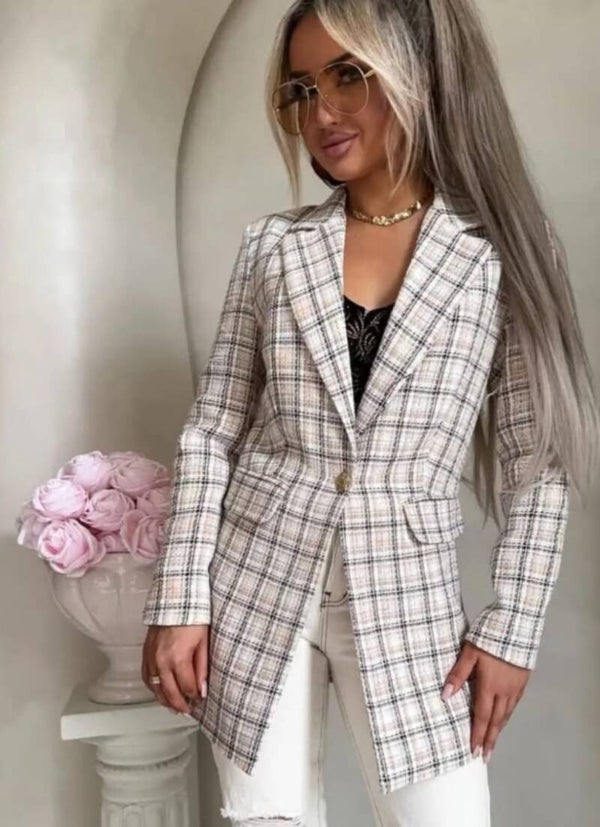 BLAZER LONG – BEIGE RUIT MET ACCENTEN