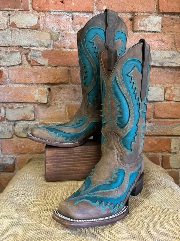 Circle G Women's Brown & Turquoise Inlay Square Toe Cowgirl Boots (2790)