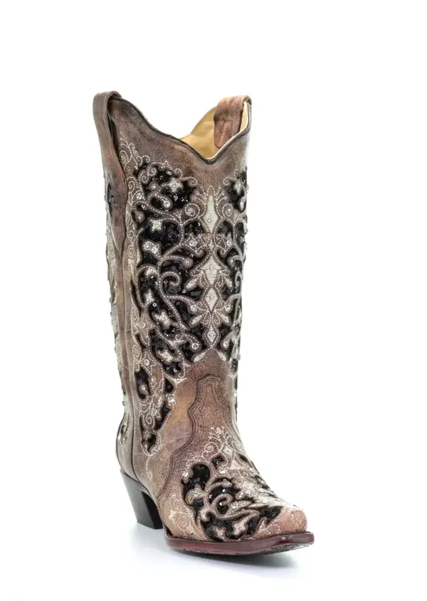 Corral Boots Ladies Brown Inlay & Flowered Embroidery, Studs and Crystals boot. (2787)