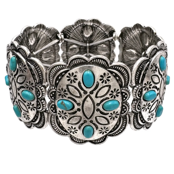 ovale concho-armband van turkoois en zilver met bloemen (3080)