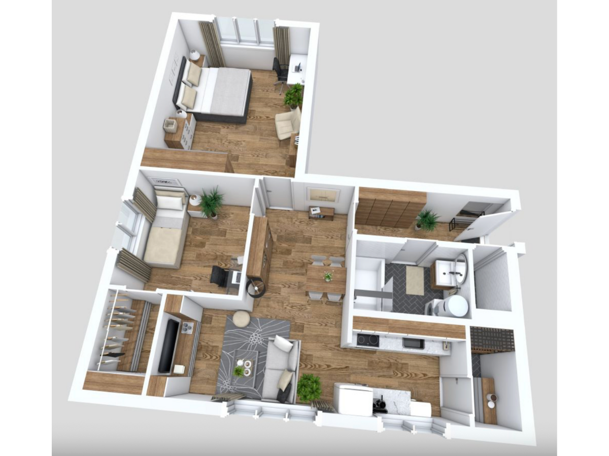 3D-interiör med möbler och material