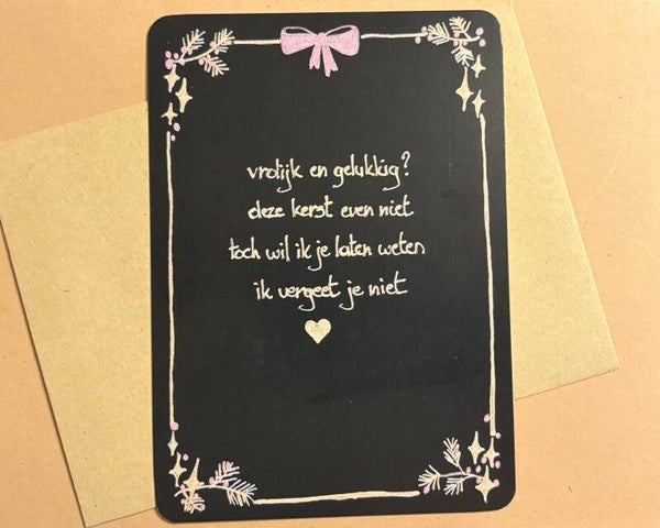 Kerstkaart ‘Vrolijk en gelukkig? Deze kerst even niet, toch wil ik je laten weten, ik vergeet je niet’