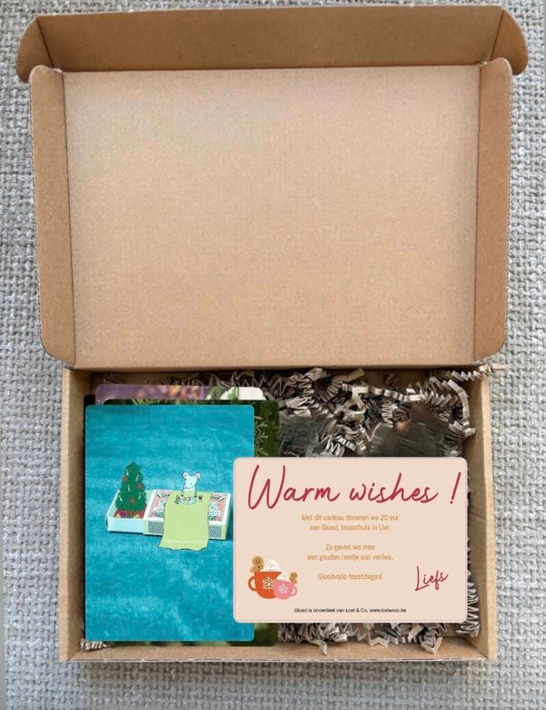 Cadeaudoos met 4 kerstkaarten voor jou èn 20 eur voor Lost & Co