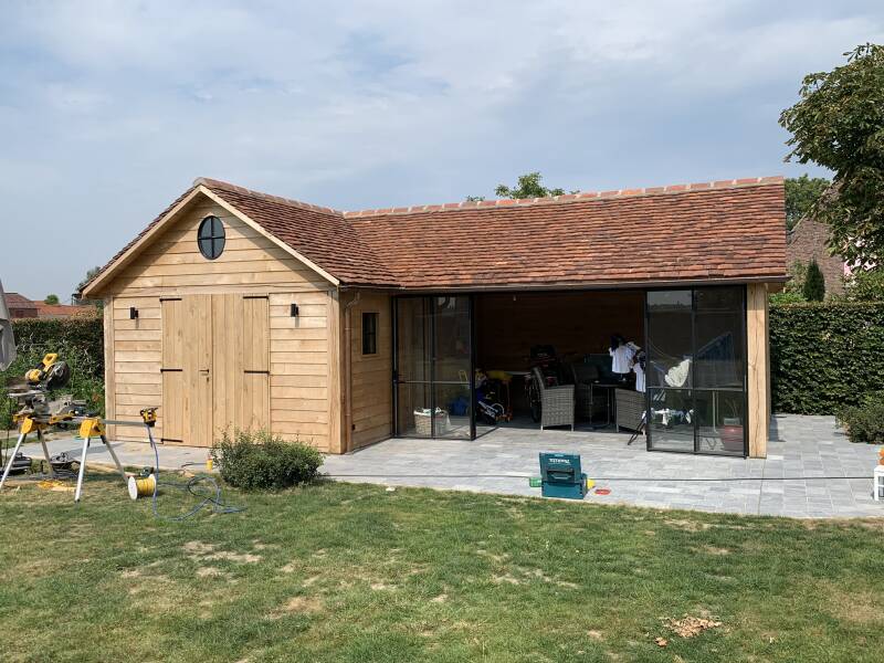 tuinhuis, poolhouse, eiken bijgebouw, goedkoop tuinhuis, blokhut, carport, garage, bijgebouw