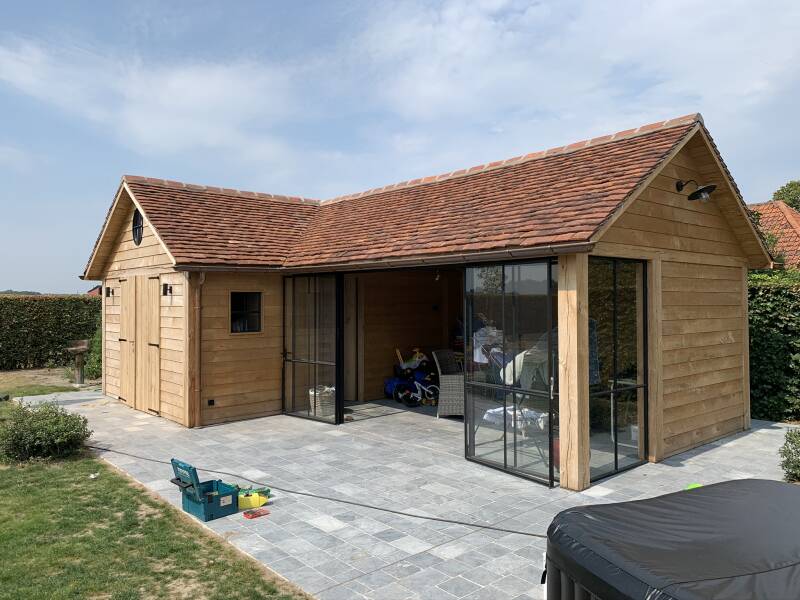 tuinhuis, poolhouse, eiken bijgebouw, goedkoop tuinhuis, blokhut, carport, garage, bijgebouw