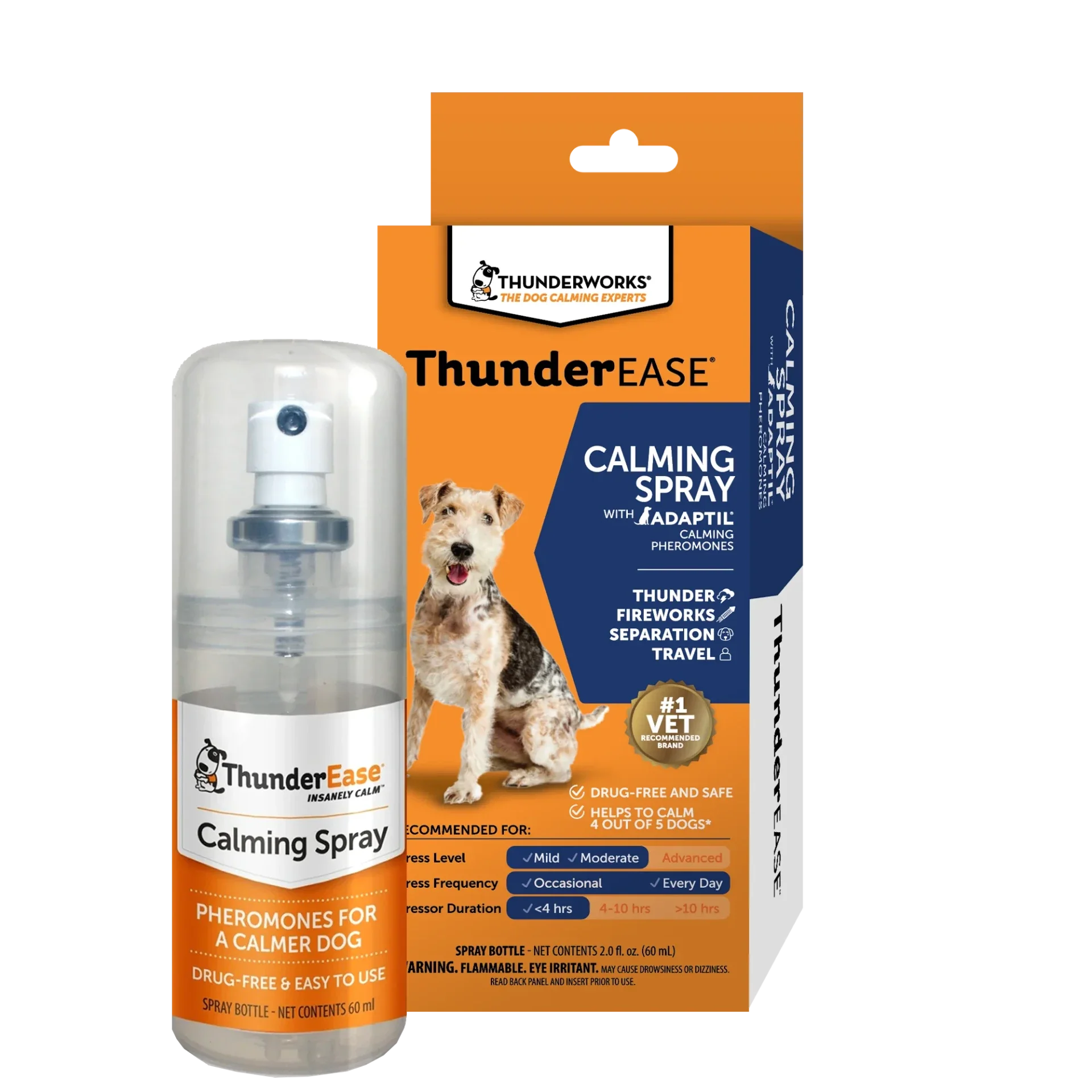 Thunderease spray is used to help relieve dog anxiety at home, during stressful events including giving comfort during veterinary visits.