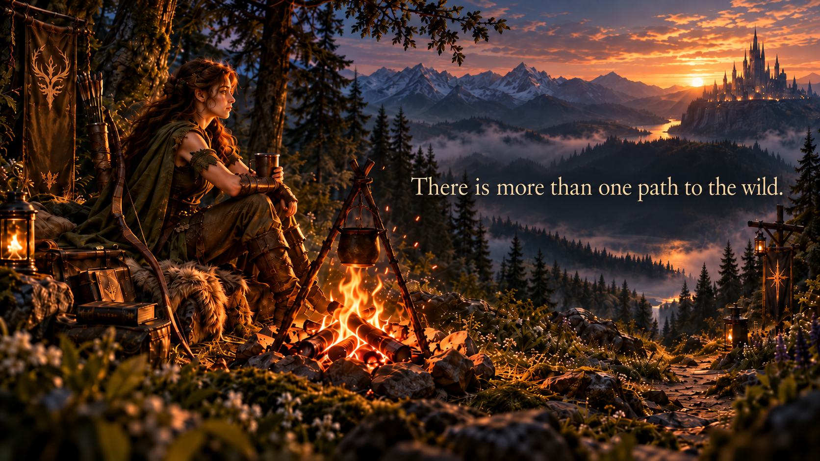 Ranger resting beside a campfire overlooking the wilderness