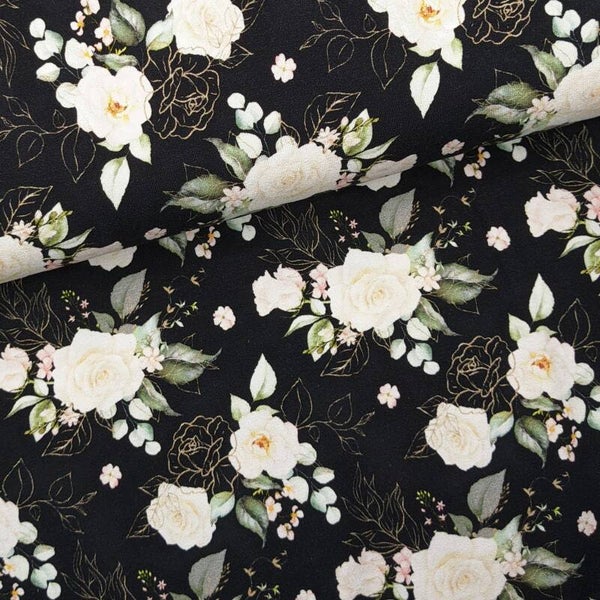 Viskose – Crepe, schwarz mit großen weißen Rosen