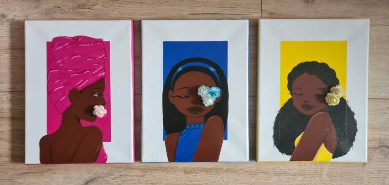 Speak, See and Hear no evil (acrlic and flower applications on canvas)[2020]