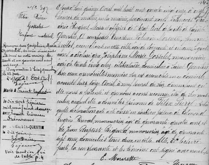 Mentions marginales de reconnaissance et de mariage sur un acte de naissance de 1891