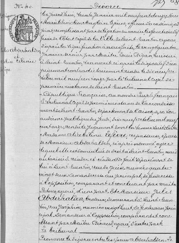 Transcription d’un jugement de divorce dans le registre des mariages (1912)
