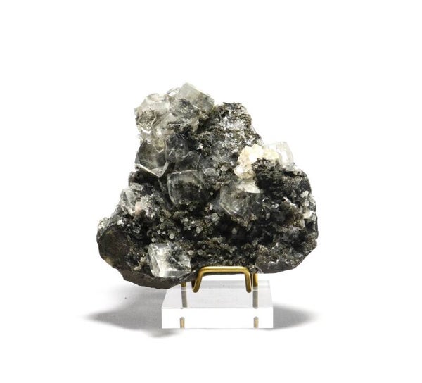 Zwarte chalcedoon met apofylliet en oranje stilbiet