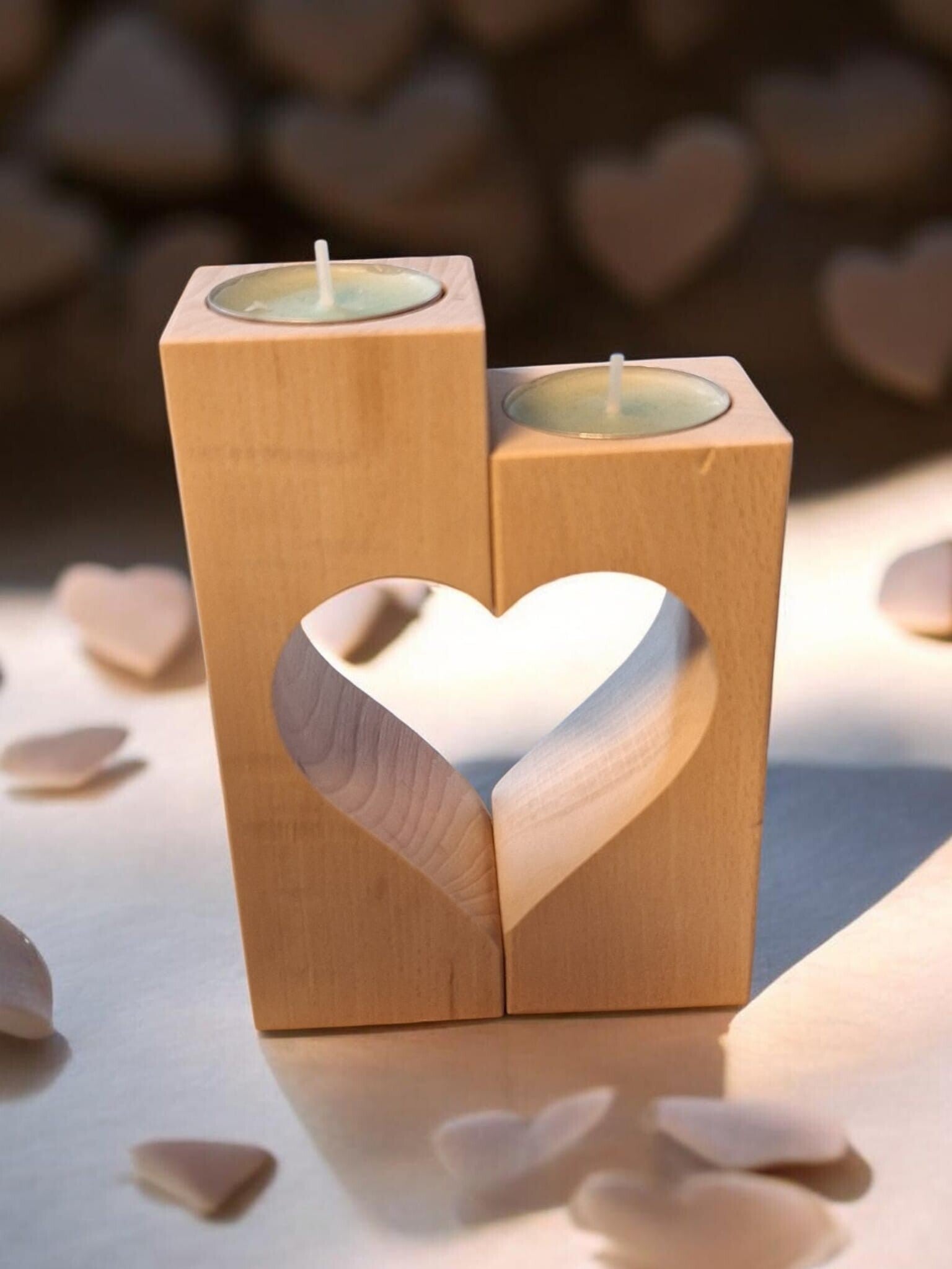 Houten Theelichthouder Set met hart en persoonlijke tekst