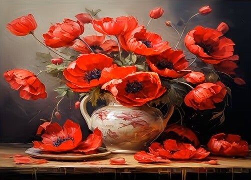 Diamond Painting rode bloemen in kom 40x30cm (rond)