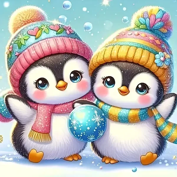 DIamond Painting pinguins winter 20x20cm (ronde steentjes)